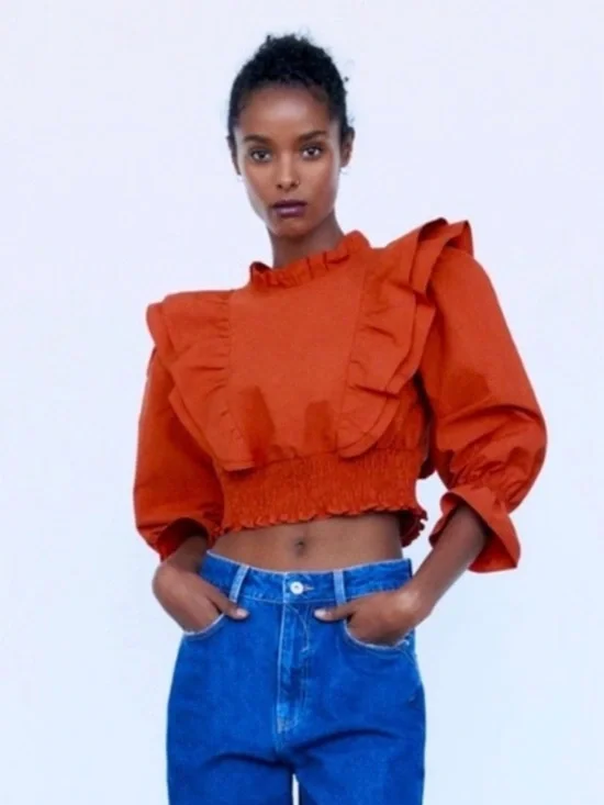 Zara Women’s Medium Ruffled Poplin Crop Top Blouse M 100% Cotton Brick Red - Picture 14 of 15